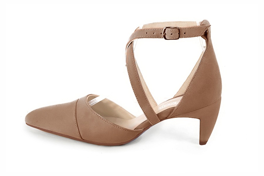 Biscuit beige women's open side shoes, with crossed straps. Tapered toe. Medium comma heels. Profile view - Florence KOOIJMAN